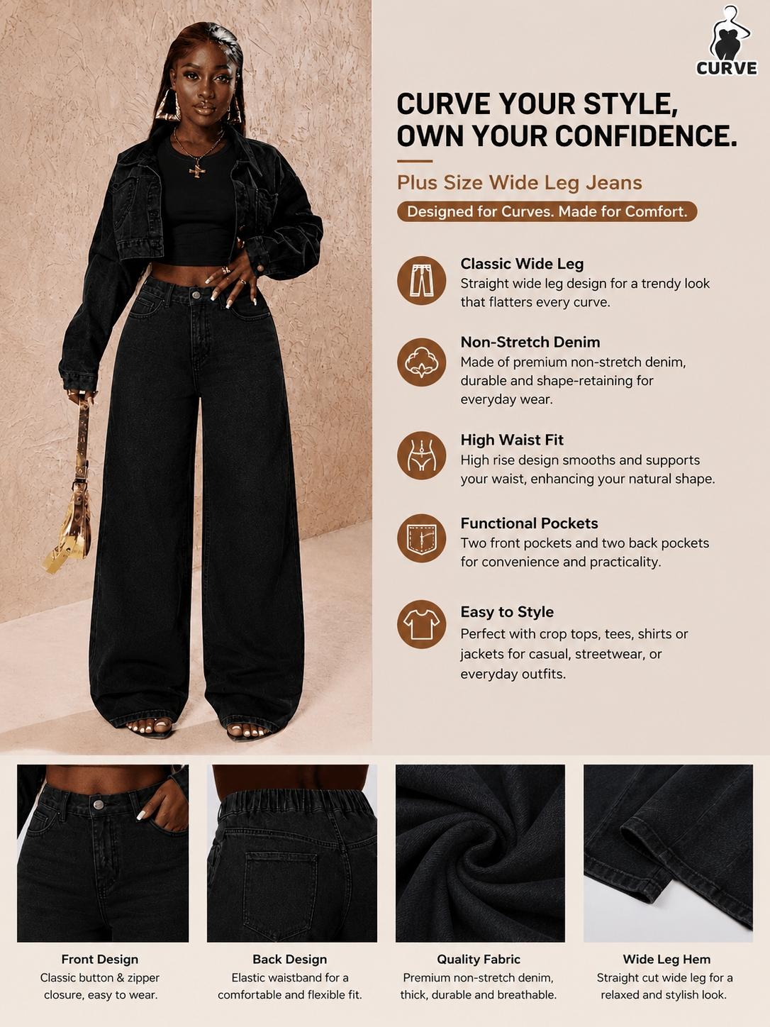 Women's Plus Size American Washed Casual Loose Jeans, Straight Leg Wide Leg Pants, Four Seasons Versatile Denim, Casual, Comfortable and Stylish