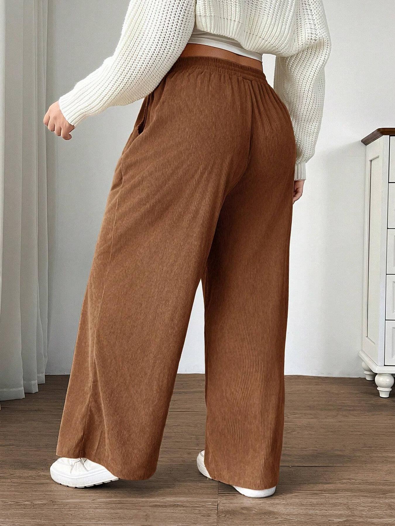 Plus Size Women's Fall Winter Elegant Casual Solid Color Corduroy Straight Leg Pants, Comfortable Daily Wear, Ladies Fashion Clothing