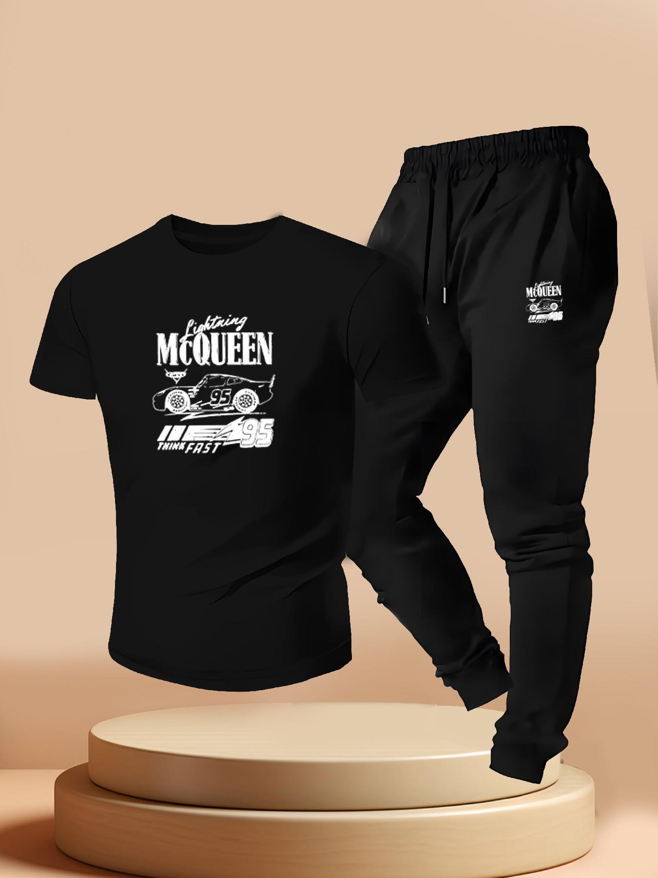 Men's Lightning Mcqueen Car Theme Print Short Sleeve Tee + Jogger Pants Set, Summer Casual Sportswear, Slim Fit, Regular Length