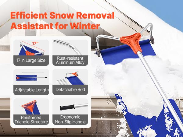 VEVORSnowRoofRake, 17inAluminumBlade, 4.1-17.2ftAdjustableRoofSnowScraperwithWheelsSlide, LightweightSnowsRemovalToolforHouseRooftopLeavesDebrisClearing