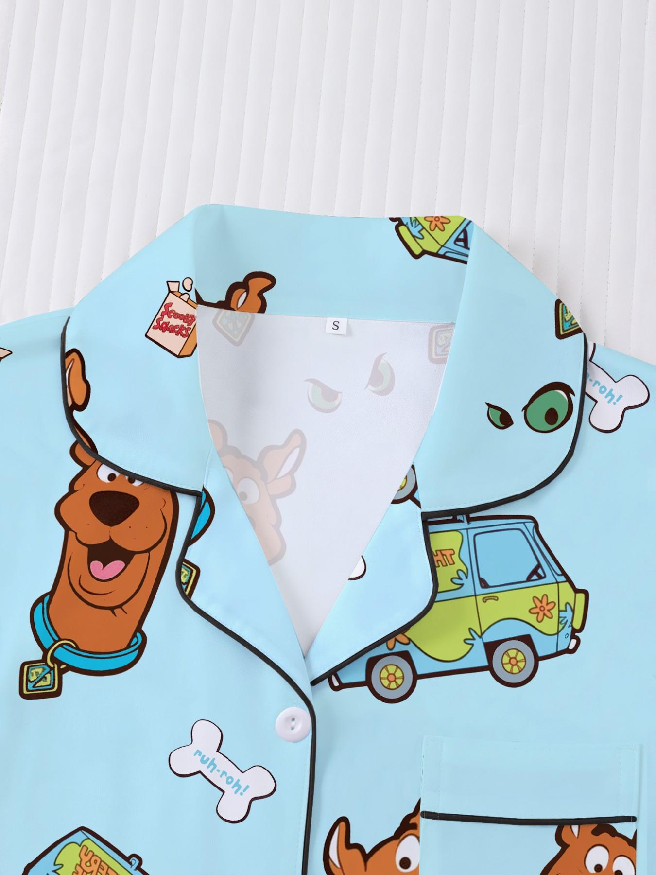 Women's Cartoon Pajama Set, Loungewear, Pyjamas, Pjs, Short Sleeve Button Front Top & Elastic Shorts, Elegant Fitted Sleepwear, Comfortable Homewear, Cartoon Pattern Pajamas