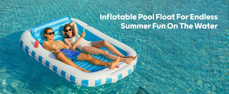 QPAU 2 Person Inflatable Tanning Pool with Extras: Extra Large 82"x60" Sunbathing Float for Adults, Removable Pillow, 2 Cup Holders, Grip Rope & Footrest for Backyard Pool Beach Lounge