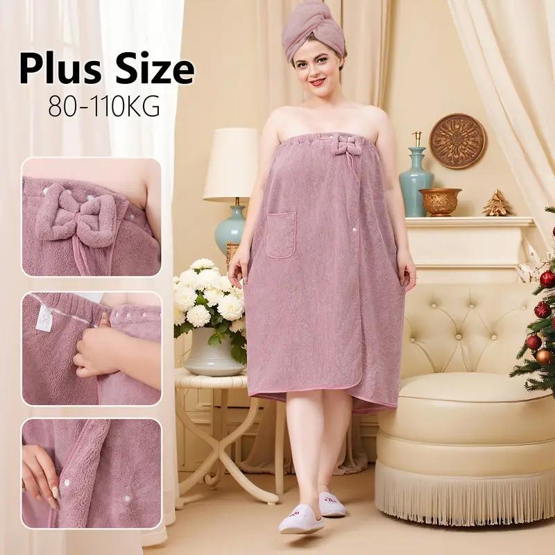 Plus Size Solid Color Bathrobe, 2/4 Counts Soft Water Absorbent Bath Skirt & Hair Drying Cap, Bathroom Supplies for Home Hotel Salon