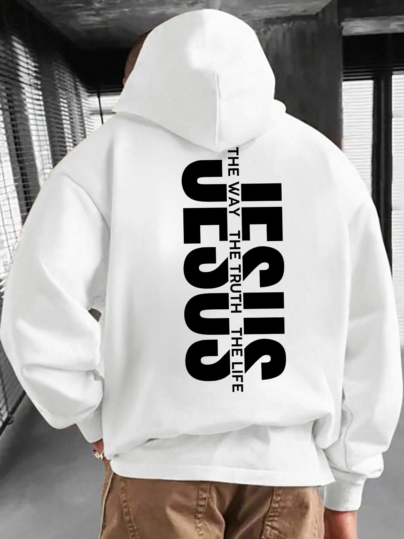 Men's Jesus The Way The Truth The Life Letter Print Knitted Hoodie, Regular Fit Casual Long Sleeve Graphic Hooded Sweatshirt for Daily Wear, Men's Clothes for Fall & Winter