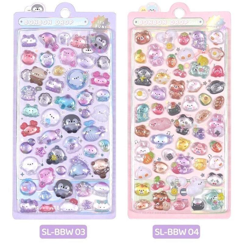 2-Pack) Bonbon Drop Stickers Selectable 3D Puffy Carton Animal Sticker Random Design Cute 3D Sticker Room Decor DIY Decorative Decal for Phone Case Water Cup Supplies Cellphone Smartphone Screen Protector Casing Cover Shockproof Protection Mini Protective