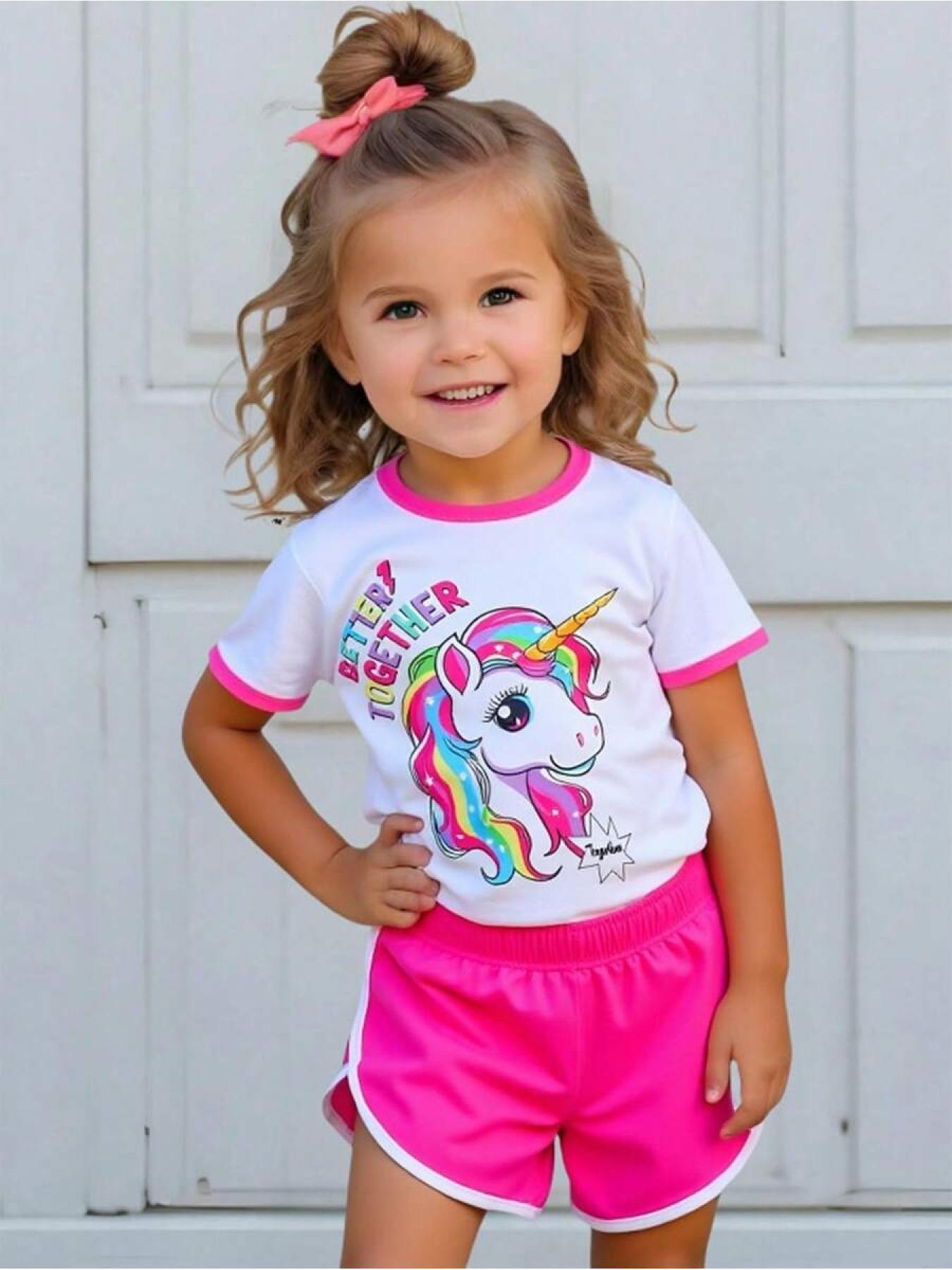 2pcs/Set Young Girls Colorful Unicorn & English Print Round Neck Short Sleeve T-Shirt And Elastic Waist Loose Shorts, Casual & Sports Outfit For Summer, School, Campus, College