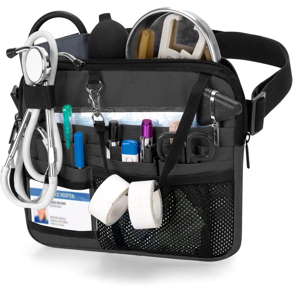 Nurse Fanny Pack, Medical Gear Pockets with Tape Holder, Black Waist Pouch Tool Belt, Adjustable Strap for Stethoscopes, Bandage Scissors, Medical Supplies, Home Repair
