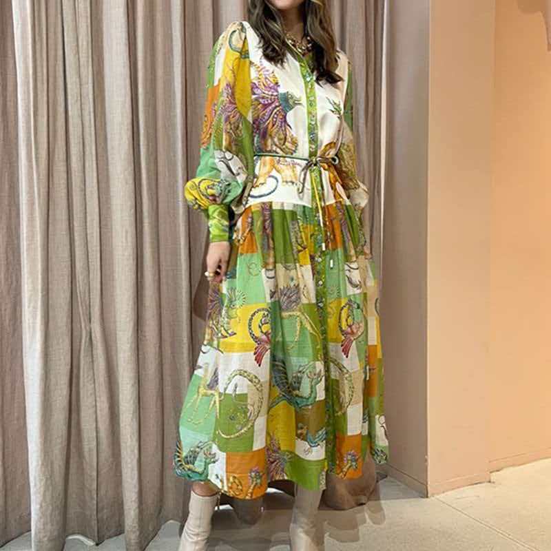 2026 European and American Women's Spring New Lantern Sleeve Printed Collar Waist-Cinching Flared Dress