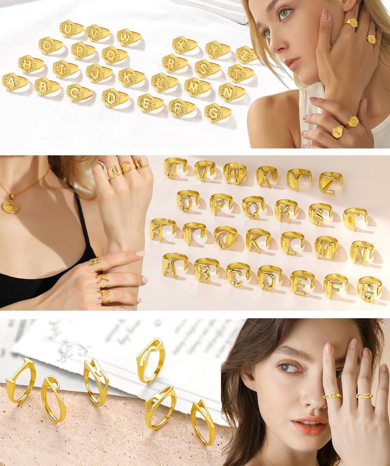 FindChic Initial Ring  Open Adjustable Letter A-Z Band Ring Band Golden Hexagon A-Z 26 Letters Ring Jewelry Stackable Signet Rings For Women Men Girlfriend Boyfriend