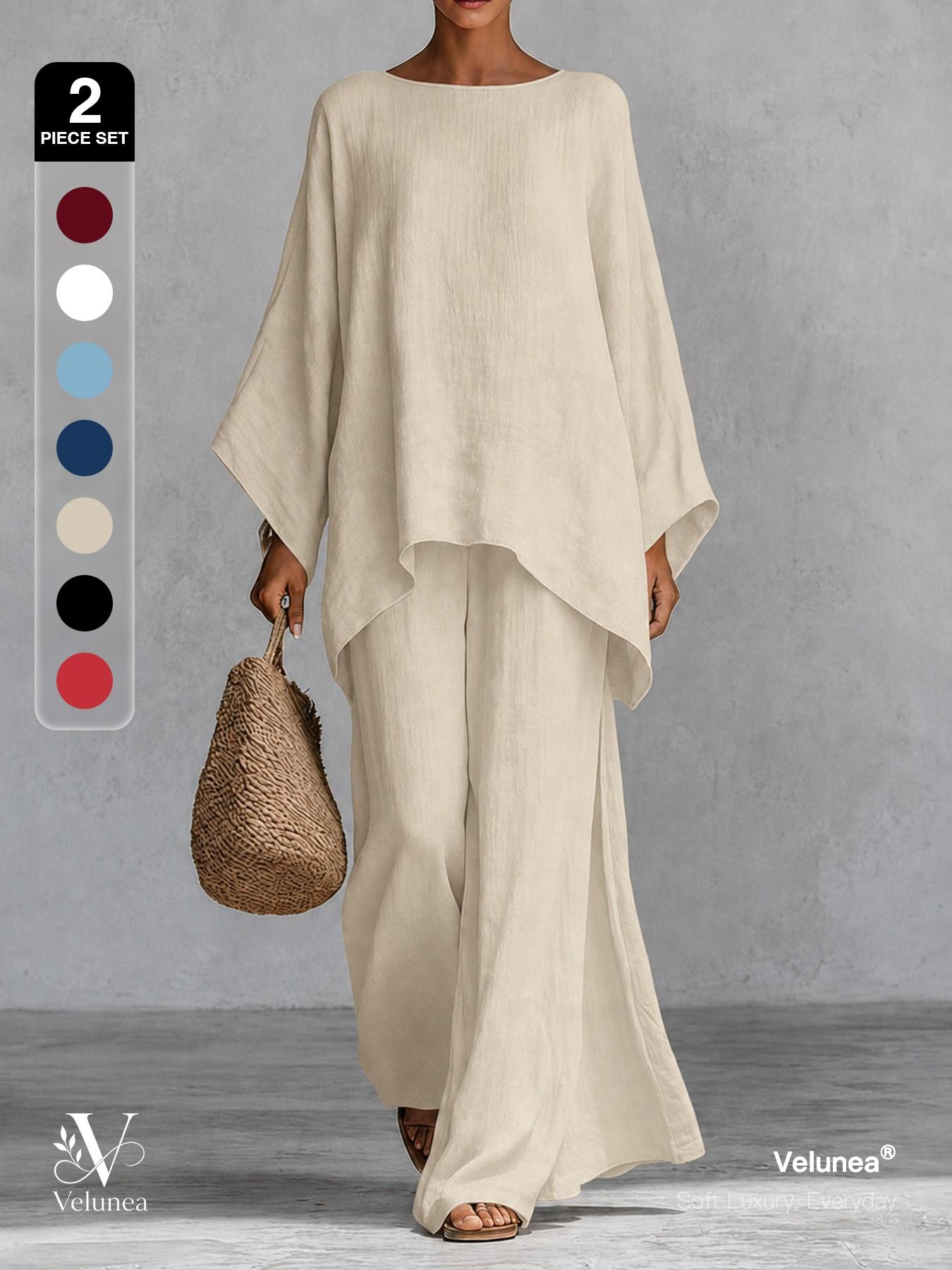 2-Piece Set, Velunea Women’s Elegant Casual Wide Leg Pants Set, Draped Cape Top and Flowing Trousers Matching Outfit, Minimalist Resort Wear for Vacation and Everyday Style
