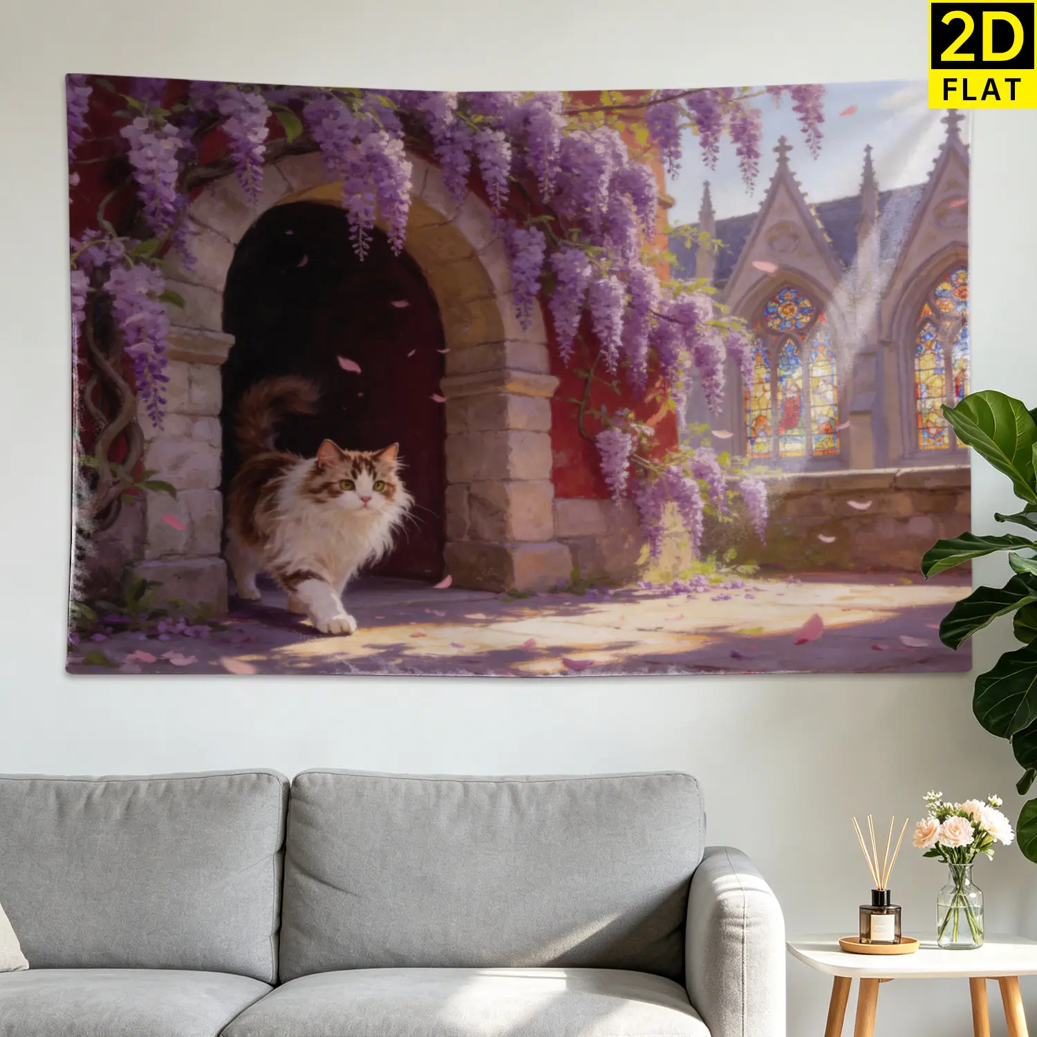 Fluffy Wisteria Garden Gothic Arch Wall Tapestry - Large Horizontal Polyester Wall Decor, Colorfast High-Res Print Hanging, No Installation Required, Indoor/Outdoor Use, Gift Idea for Family and Friends, Garden Arch