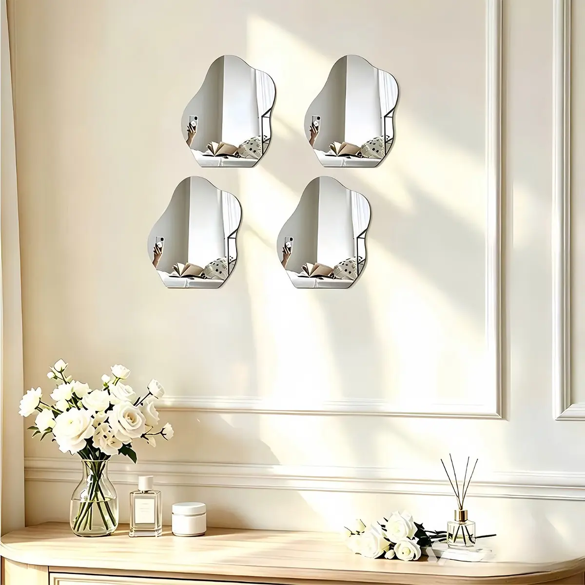 4pcs Irregular Cloud Shaped Mirror Wall Sticker, Self‑Adhesive Acrylic Decorative Mirror, Removable Acrylic Mirror Wall Sticker Back to School Decal, Wall Art, Home Wall Decor for Bedroom Living Room Dorm Apartment Door, Home Decor, Wall Art Decals