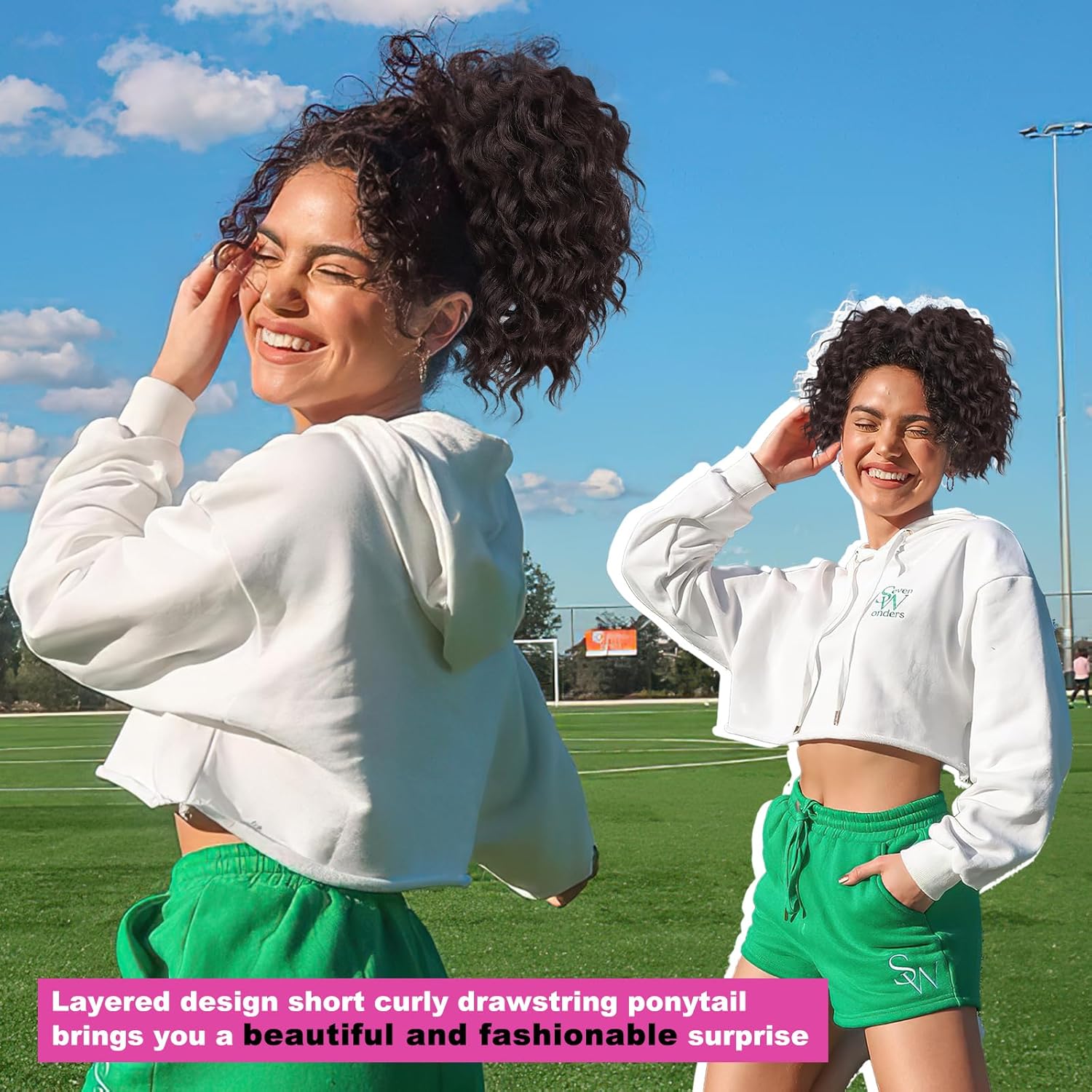 【FLASH SALE] Summervibes CHAOEE 10Inch Curly Ponytail Extension Drawstring Ponytail for Black Women Synthetic Short Hair Two Styles in One Versatile Pony Tails(Black Brown)