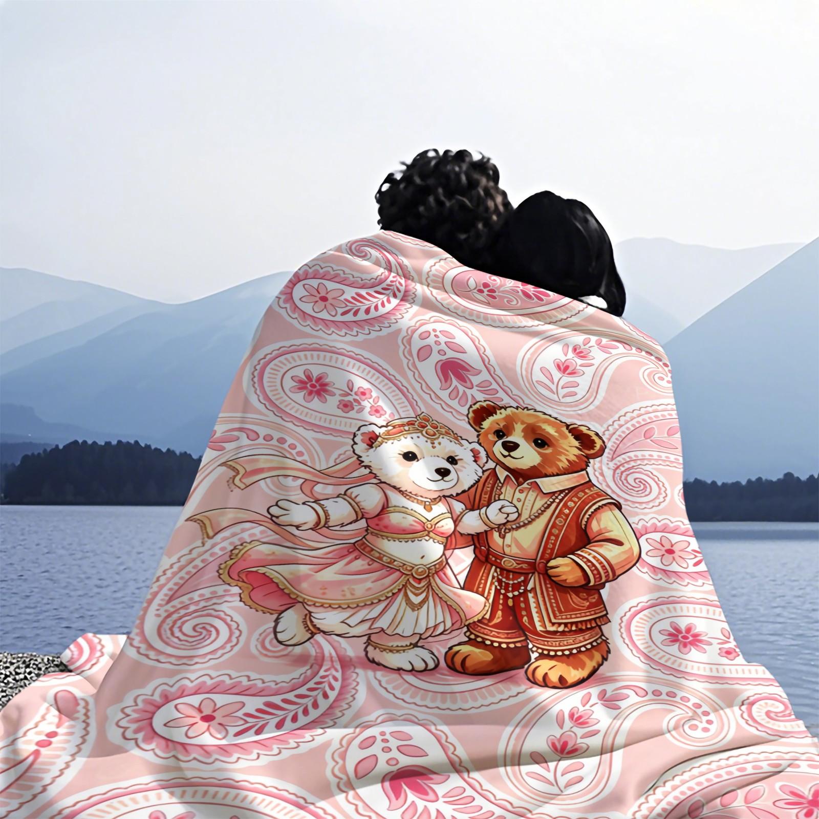 Ethnic Couple Bear Throw Blanket, Soft Skin-Friendly Plush Fleece, Lightweight Cozy, Pink Paisley Floral Print, for Couch Bed Office, All Seasons, Aesthetic Room Decor, Perfect Gift