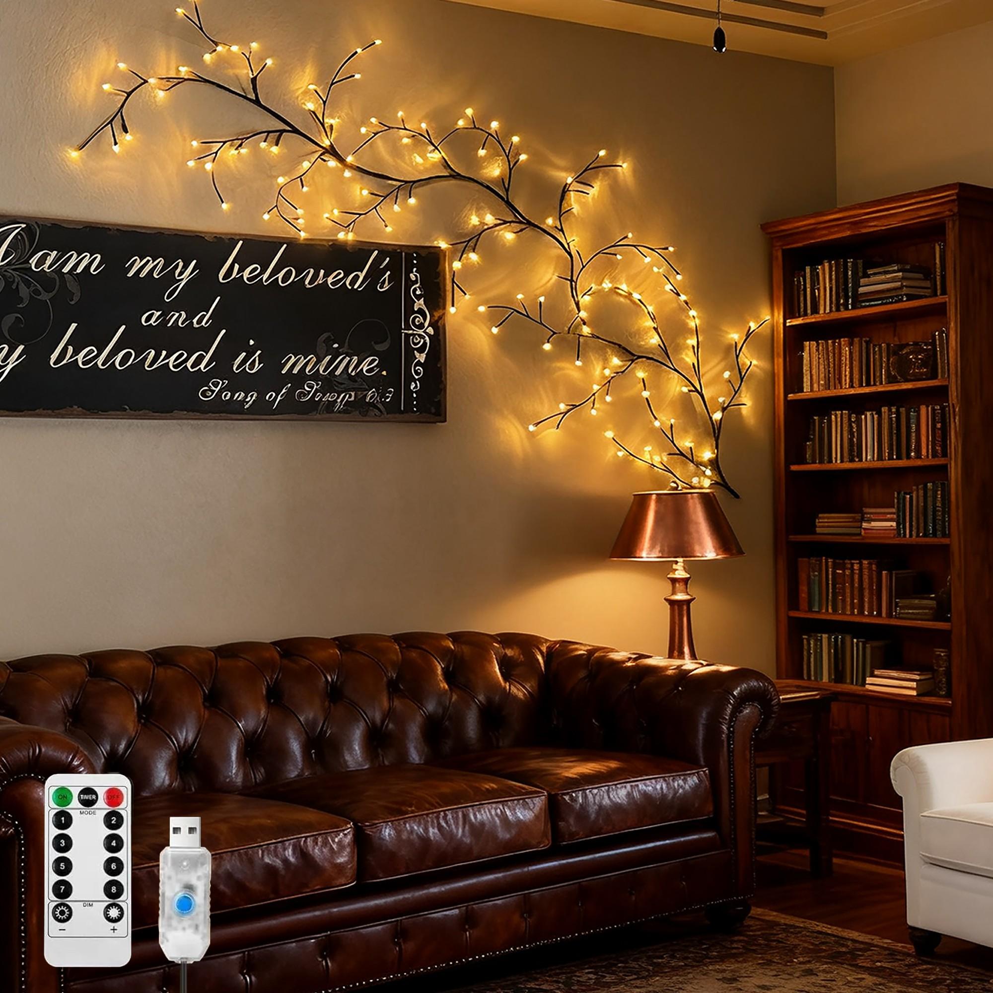 Willow Branches String Lights USB Powered with Remote Control, 8 Modes Warm White Twinkling Tree Lights for Wall Decor, Home Bedroom Living Room, Christmas Valentine Easter Wedding Party DIY Decoration Lamp