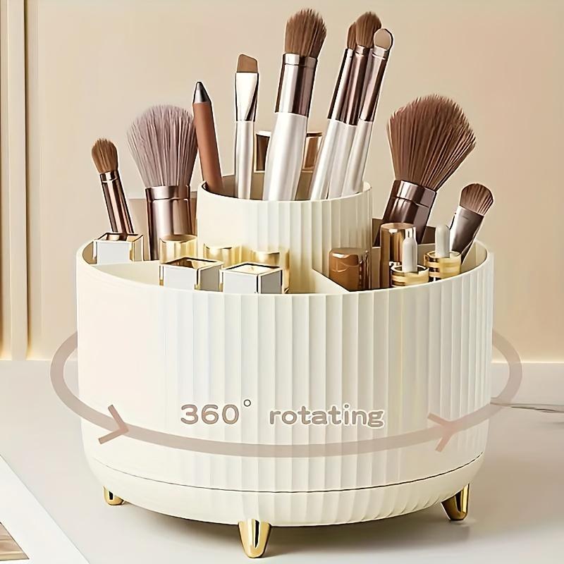 360° Rotating Makeup Organizer - 1pc Plastic Cosmetic Storage with 5 Compartments - Multi-Functional Holder for Brushes, Lipsticks, Skin Care Products, and Stationery - Durable Unscented Desk Caddy with Luxury Stripe Design