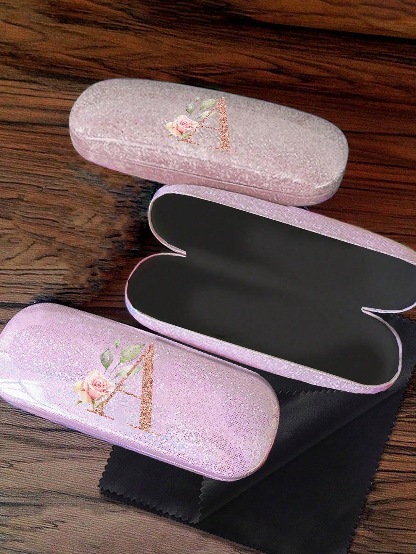 Pink Shiny Flower Letter PU Leather Glasses Storage Case, Portable Magnetic Glasses Storage Box, Sports Fashion Glasses Case Glasses Bag Travel Bag Portable Glasses Bag, Designed Glasses Case for Men, Women, and Students Glasses Accessories