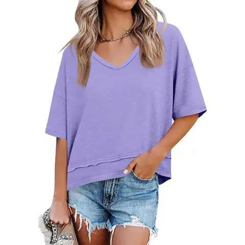 Imily Bela Womens Summer V Neck T Shirts Casual Short Sleeve Flowy Tops Cute Loose Fit Basic Tees