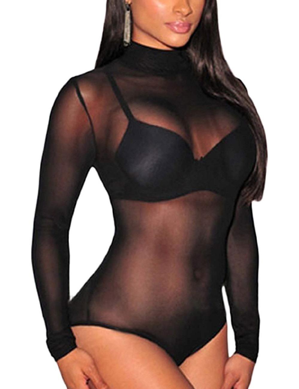Women See Through Mesh Sheer Body Suit Girl Tops,Black Silk Contrast Bodysuit,Long Sleeved High Neck Piece for Lady Thong Seamless Fishing Net Clubwear Leotard,Fajas Para Mujer,Midnights Lingerie Underwear Women's Sheer
