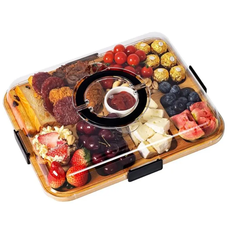Cheese Serving Tray with Clear Acrylic Lid, Portable Charcuterie Board & Snack Organizer, Reversible Cutting Board for Parties, Camping & Restaurants, Halloween Christmas Holiday Appetizer Platter, Black Friday Gift