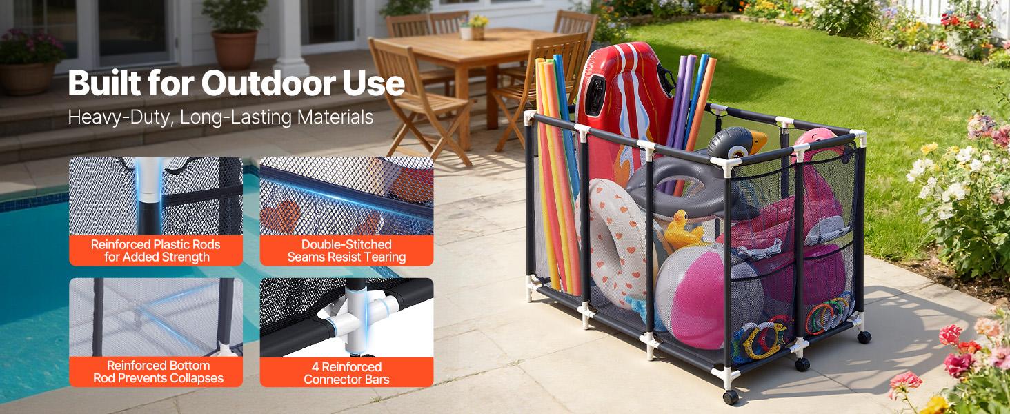 Summervibes VEVOR Pool Storage Bin, 47.2x 30.2x 34 in, Rolling Pool Float Storage Organizer with Side Pockets Casters, Heavy Duty Plastic Frame, Poolside Toys Noodles Holder Mesh Basket for Swimming Pools