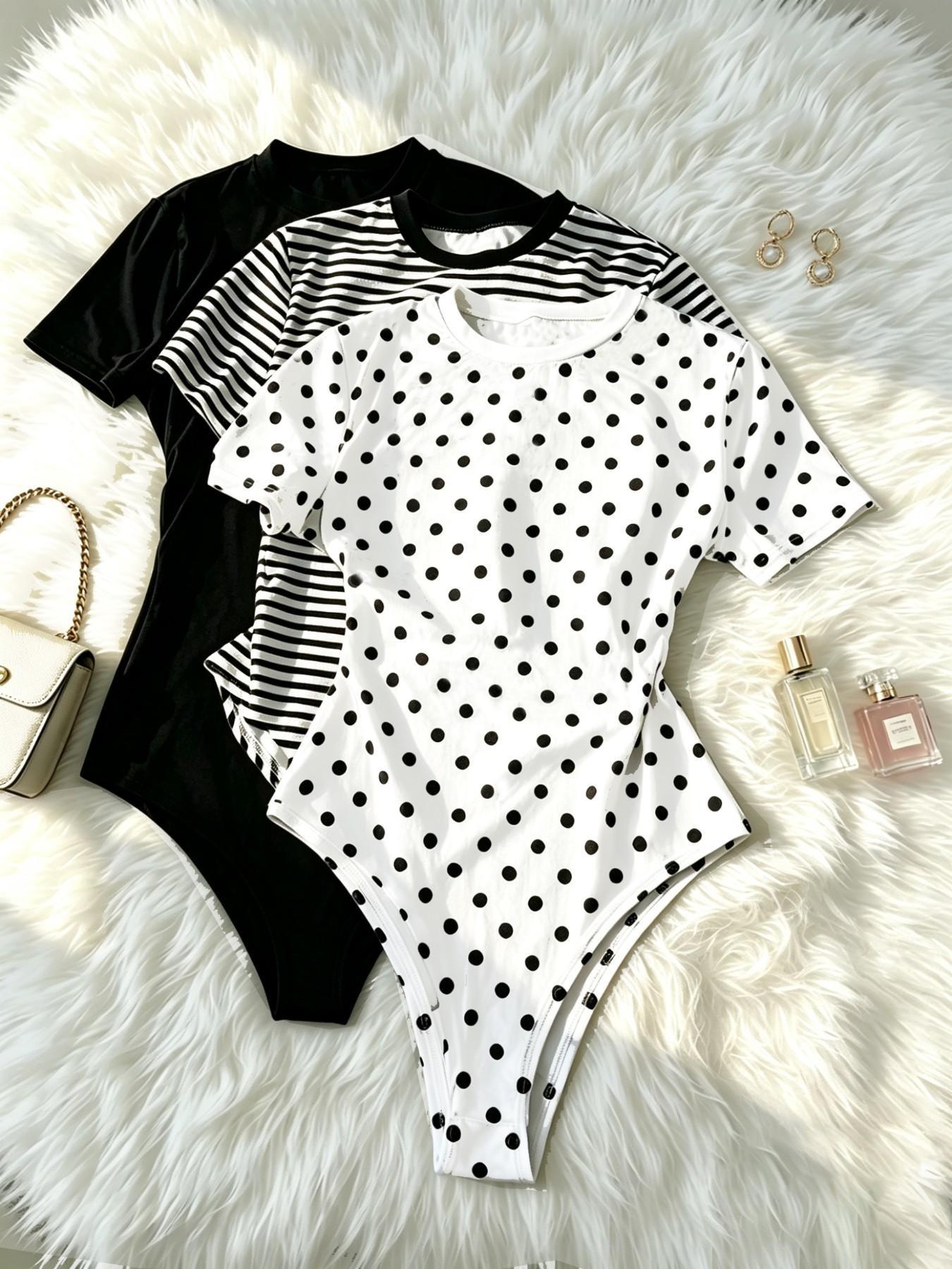 Women’s Short Sleeve Slim Fit Bodysuit, Bodycon Fitted Bodysuit, Casual Chic Aesthetic Polka Dot & Striped Print Crew Neck Bodysuit, Stretchy Soft Fabric, Versatile for Daily Wear and Summer Outfits, Fashion Womenswear