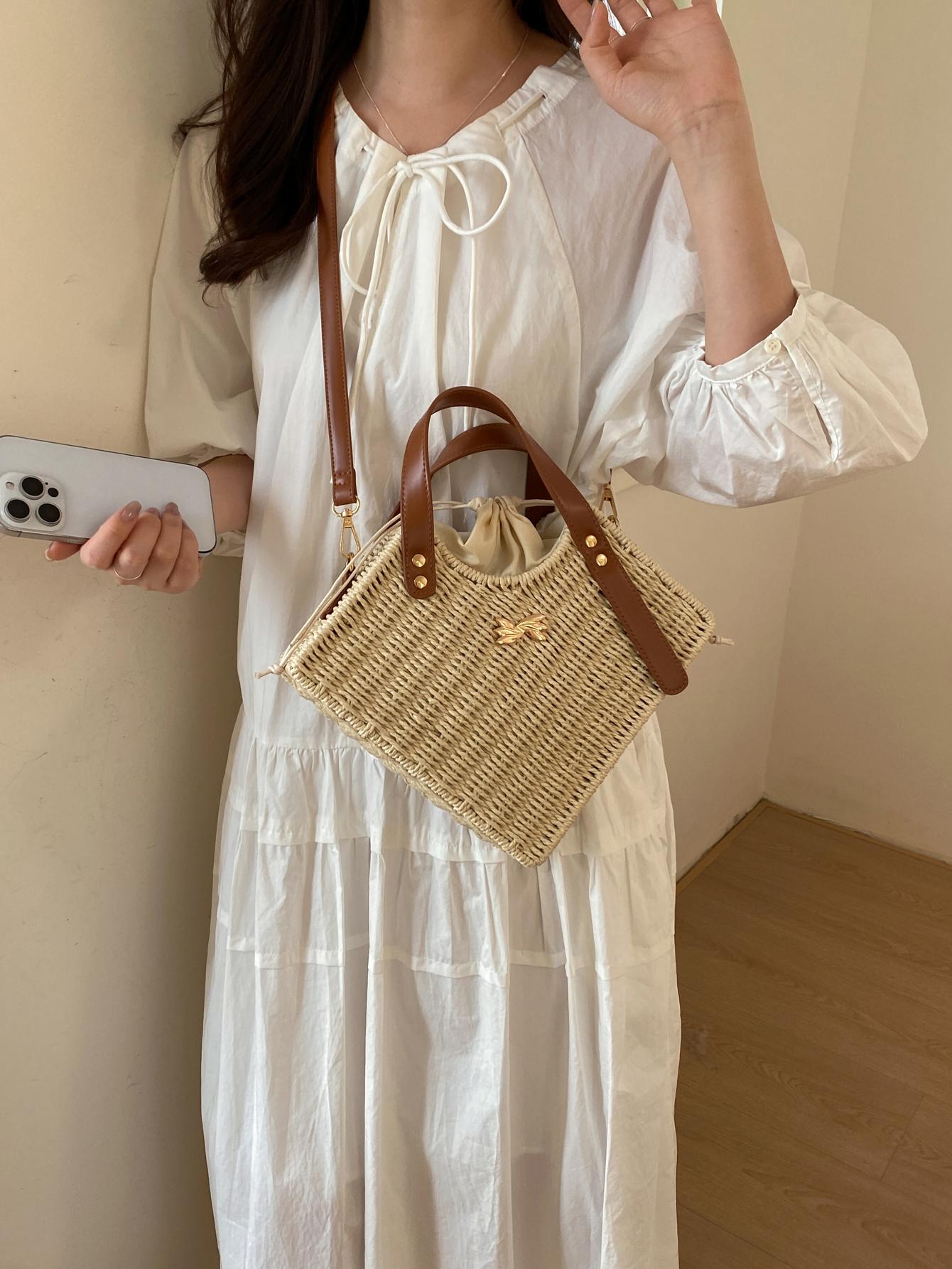 Woven Drawstring Bucket Bag, Vintage Style Handbag, Crossbody Shoulder Bag, Spring Summer Commute Vacation Essential, Women's Fashion Accessory