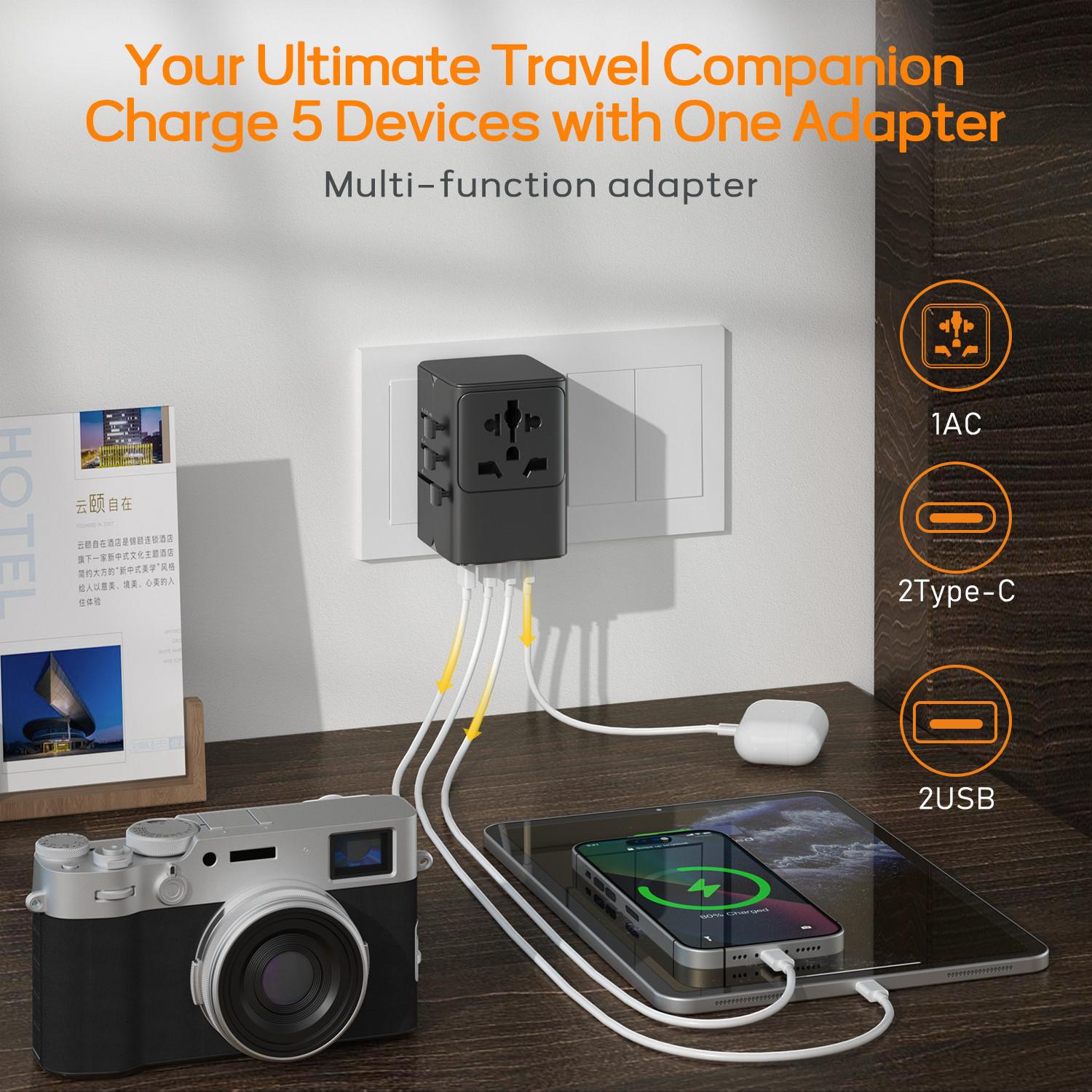 65w Universal Travel Adapter Plug, 2a2c Multi-Port Fast Charging, Compatible with Uk Us Eu Au Sockets, Ideal for Business and Leisure Travel