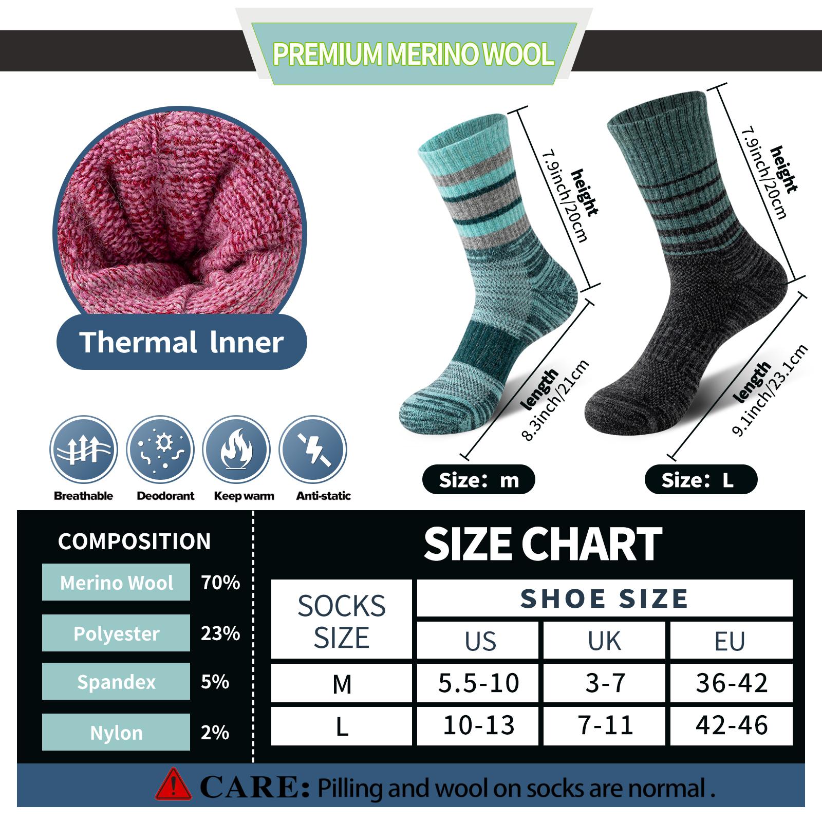 5 Pairs Merino Wool Hiking Socks For Women & Man Compression Support Sweat Absorbing Breathable Thick Cushion Work Socks Festival Gift Socks Striped Menswear