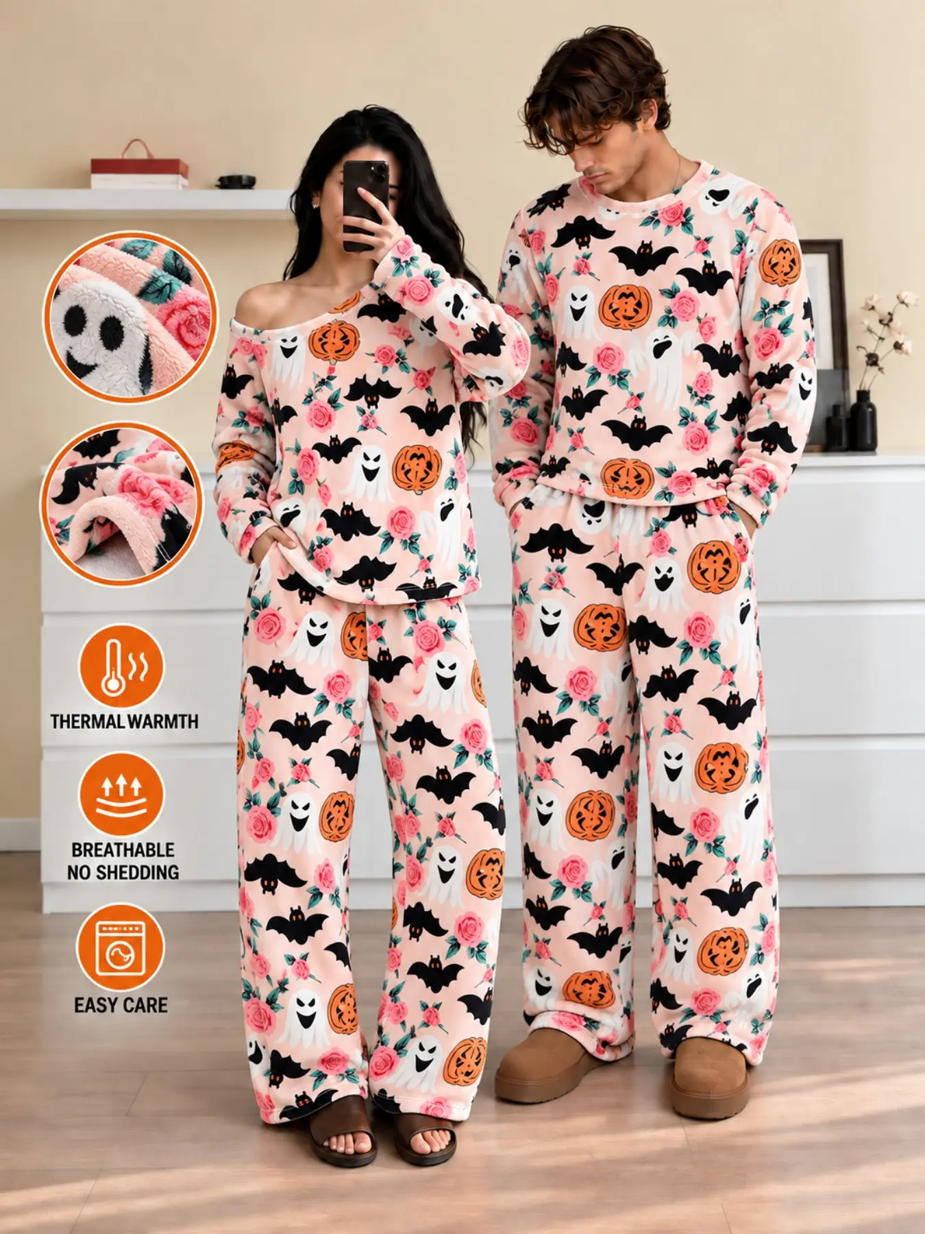 Halloween Couples PJs Unisex, Breathable Silky-Plush Pink Rose Pumpkin Bat Nightwear, Festive Indoor Sleepover Outfits