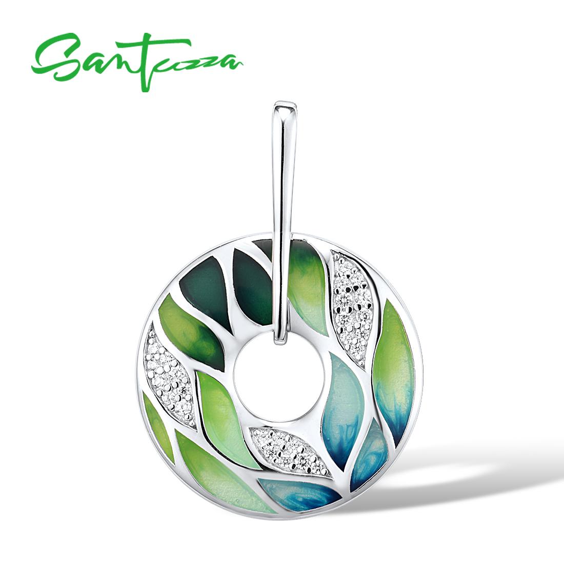 SANTUZZA 925 Silver White Cubic Zirconia Green Enamel Pendant Without Chain Leaf Circle Shaped Fashion Jewelry