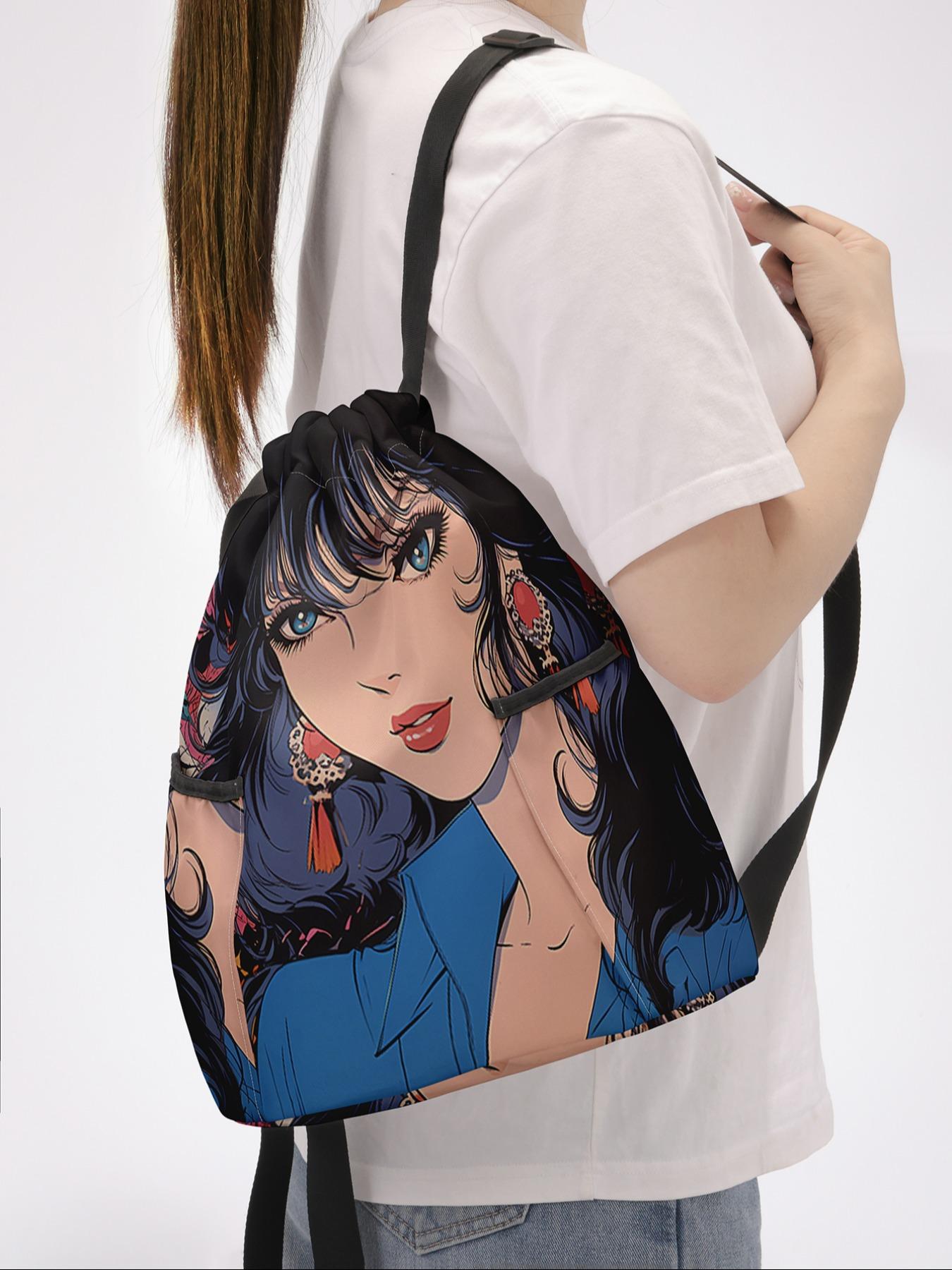 Anime Character Printed Drawstring Backpack, Large Capacity Durable Gym Bag with Adjustable Straps, Casual Travel Hiking Camping Essential