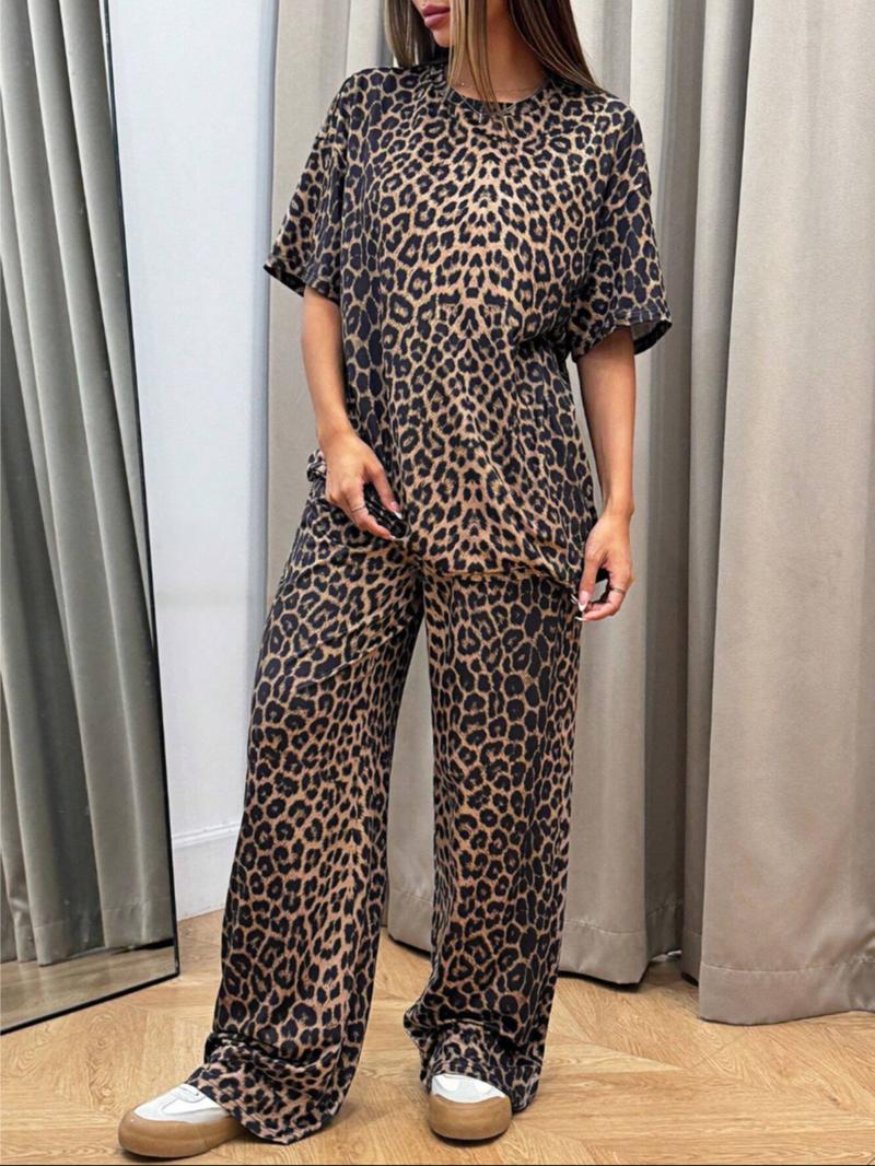 Women's Leopard Print Loungewear Two-piece Set, Elegant Casual Comfy Round Neck Short Sleeve Top & Elastic Waist Wide Leg Pants PJ Set for Indoor Outdoor Wear, Ladies Sleepwear for All Seasons, Matching Lounge Sets, Leopard Print Pajamas
