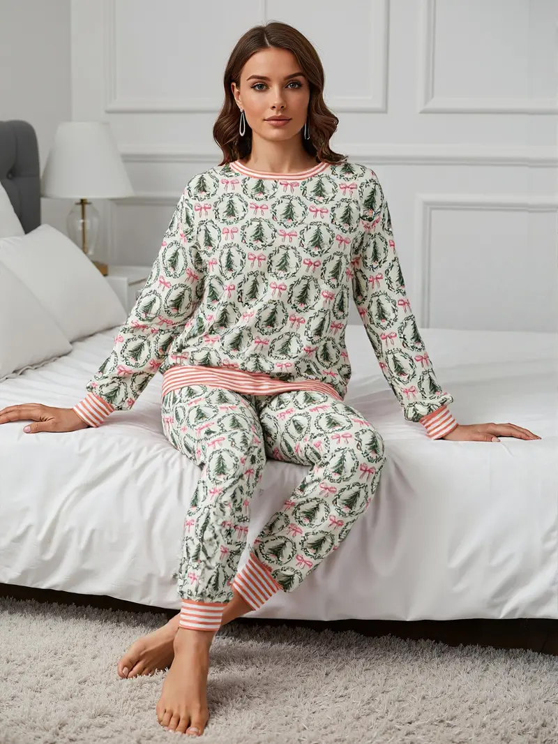 Product Introduction of Holiday Forest Print Loungewear Set Womens Tree Bow Pajama Set Long Sleeve Top Jogger Pants Soft Cozy Knit New Year Valentines Day All Season Sleepwear 22