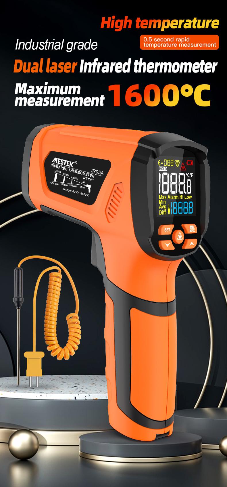 Mestek Infrared Thermometer -40°F ~2912°F,-40~1600℃ High Temperature Meter 50:1 Industrial Dual Laser Digital Thermometer with Temperature Probe