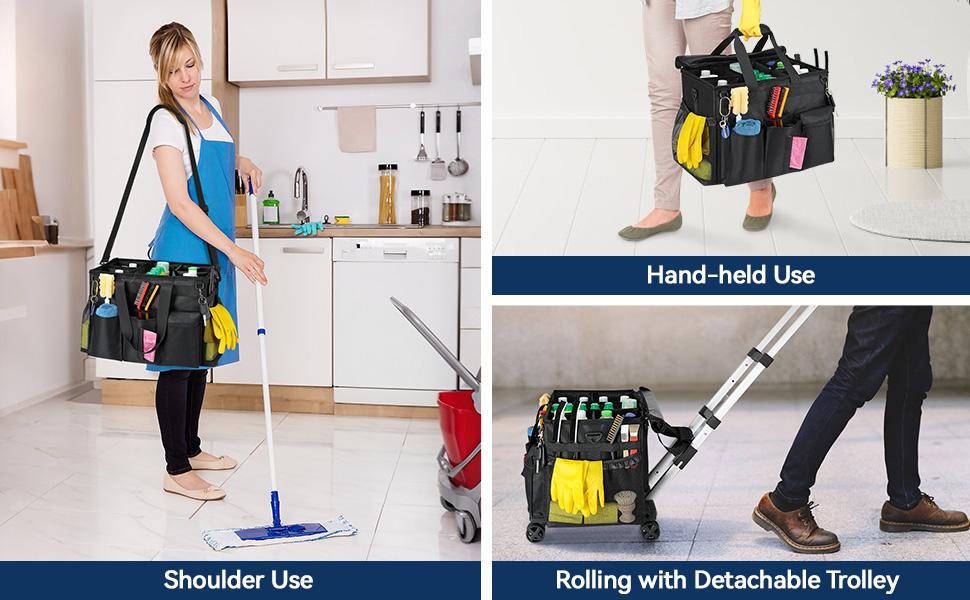 Extra Large Rolling Cleaning Caddy Bag with Detachable Trolley, Upgraded 360° Free Rotating with 5 Wheels and Dust-Proof Lid, Professional Cleaning Supplies Bag for Housekeepers, Black Collapsible Multi-Purpose Camping Cart