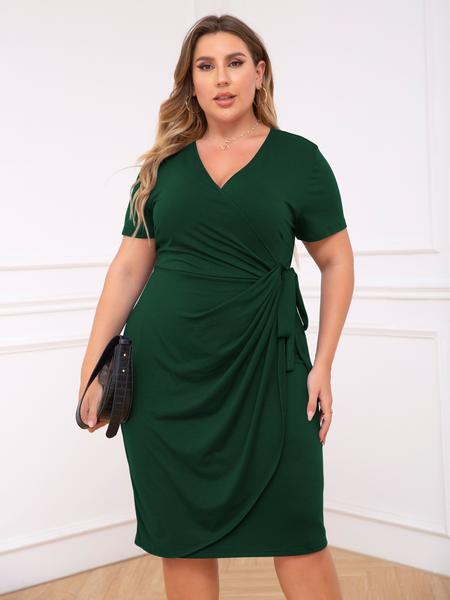 Plus Size Slim Fit Mid-Length Dress, Casual V Neck Short Sleeve High Waist Summer Dress with Belt, Soft Comfortable Women's Clothing