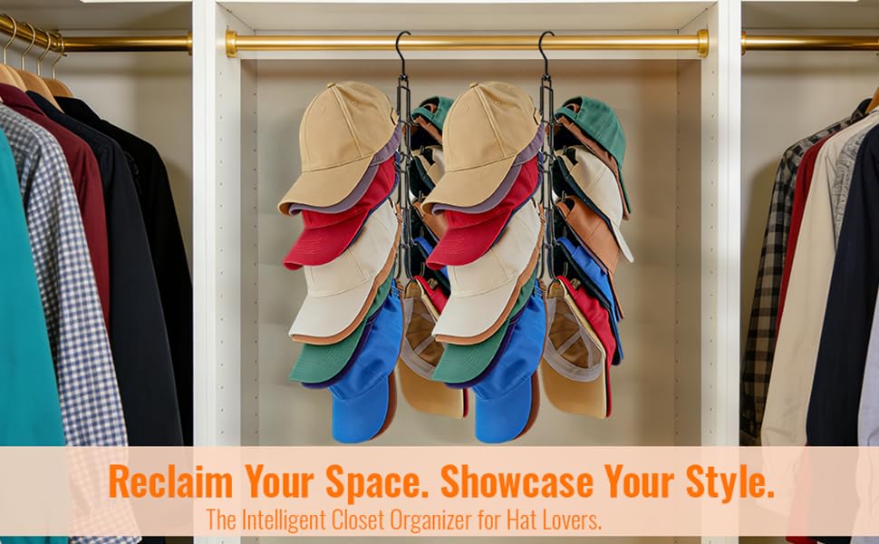 Hat Hangers for Closet, Hat Organizer for Baseball Caps, Stainless Steel Hat Rack with 10 Hooks for Caps Storage and Closet Organization (Black)