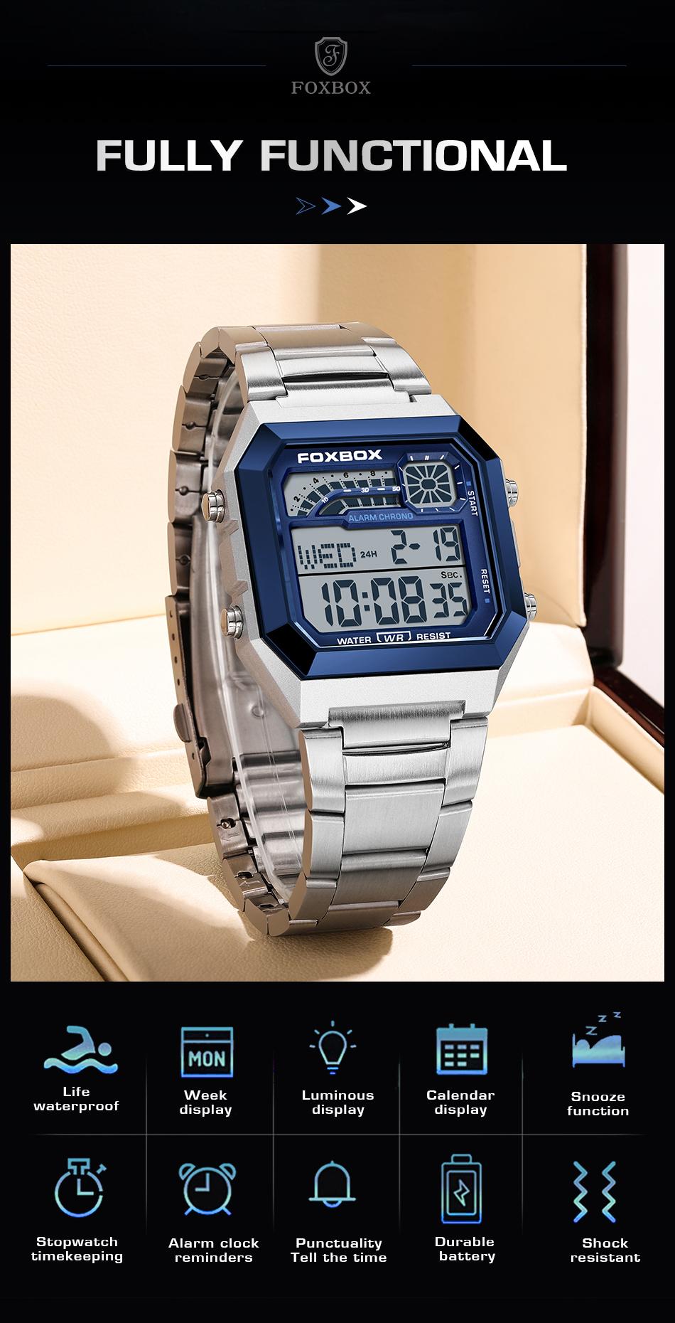 FOXBOX Men's Digital Fashion Watch - Alloy Case and Strap, Water-Resistant Design, Backlight, Time/Date/Weekday Display for Students and Adults FOXBOX Men's Digital Fashion Watch - Alloy Case and Strap, Water-Resistant Design, Backlight, Time/Date/Weekday Display for Students and Adults