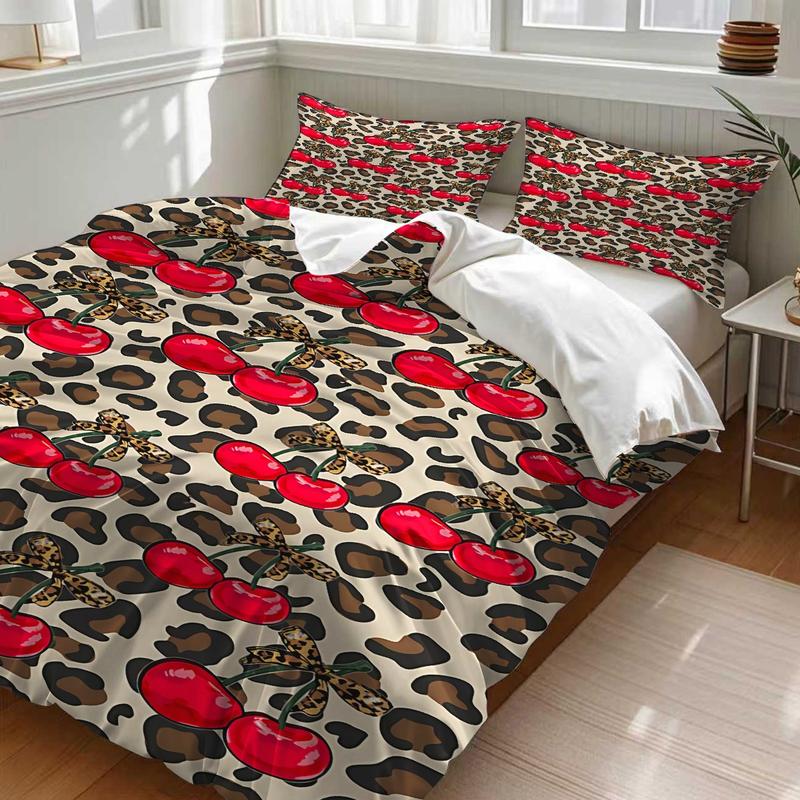 2/3Pcs Leopard Print Cherry Pattern Duvet Cover Set , Retro Sweet and Cool Girl Style Bedding Set, Wild Tension, Sweet Vitality, Full of Retro Sweet and Cool Bedroom Atmosphere, Including 1 or 2 Pillowcases - No Padding/Zipper Closure 2/3Pcs Leopard Print Cherry Pattern Duvet Cover Set , Retro Sweet and Cool Girl Style Bedding Set, Wild Tension, Sweet Vitality, Full of Retro Sweet and Cool Bedroom Atmosphere, Including 1 or 2 Pillowcases - No Padding/Zipper Closure