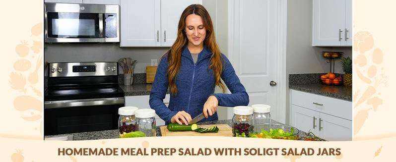 SOLIGT Glass Salad Jars with Lids, 4 Pack 32oz, Leakproof Container for Lunch - Two Small Built-in Boxes with Wet/Dry Separation for Salad Dressing and Dry Ingredients, Mason Jars for Meal Prep Christmas Gift Ideas