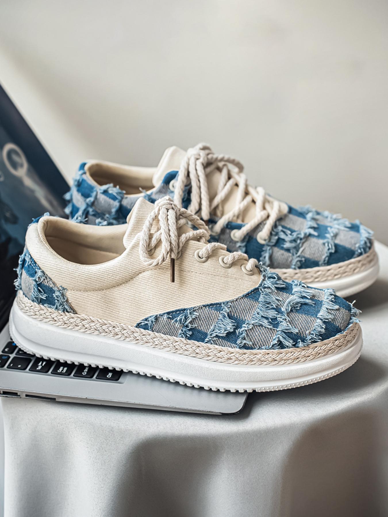 Summer New Men's Plaid Patchwork Hemp Rope Laces, Vintage Straw Trim Soft Elastic Thick Sole, Casual Checkered Shoes for Commute and Streetwear