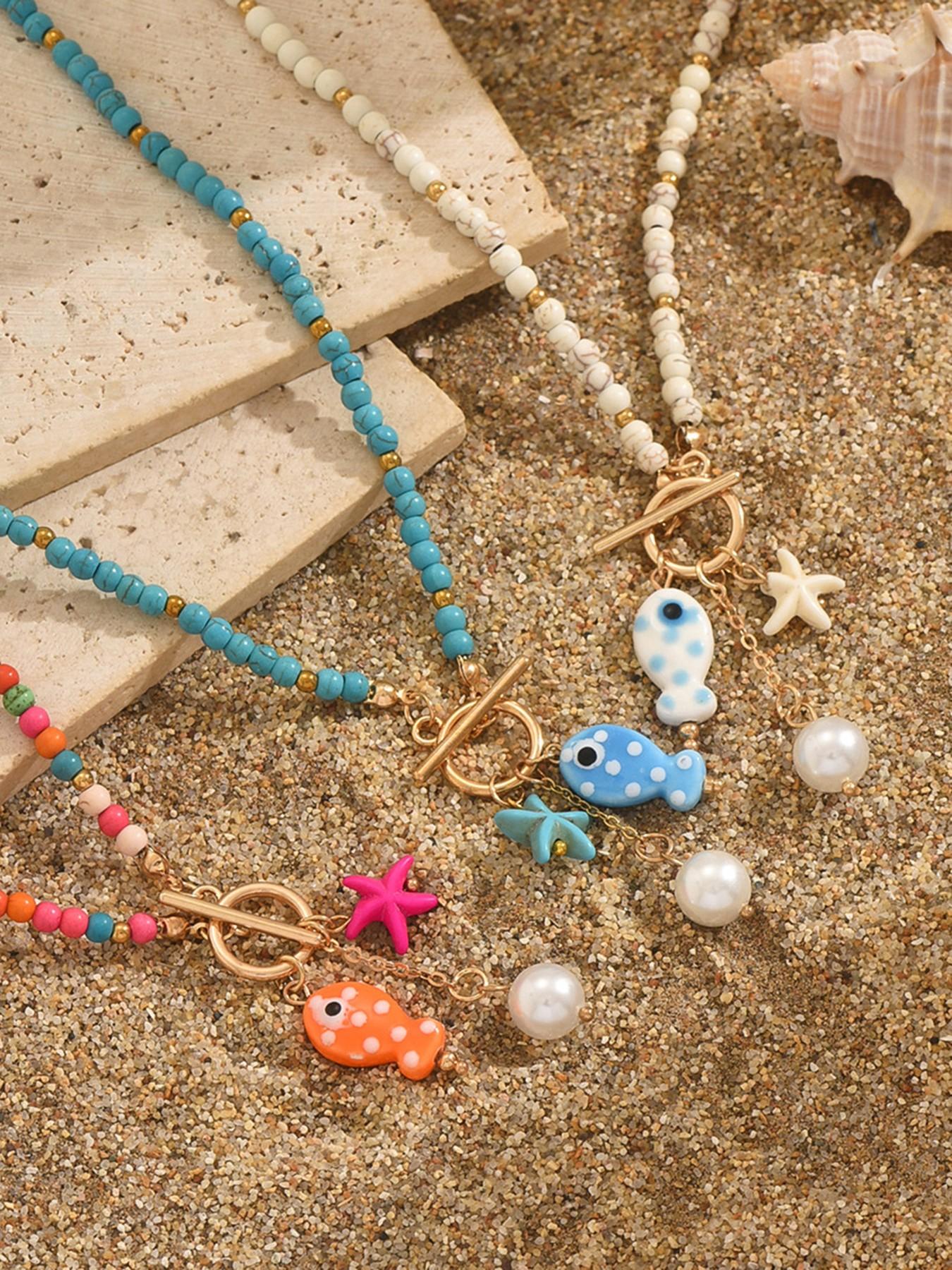 Summer Ceramic Fish Starfish Tassel Pearl Beaded OT Buckle Charms Necklace, Cute Summer Jewelry, Perfect Gift for Women and Girls