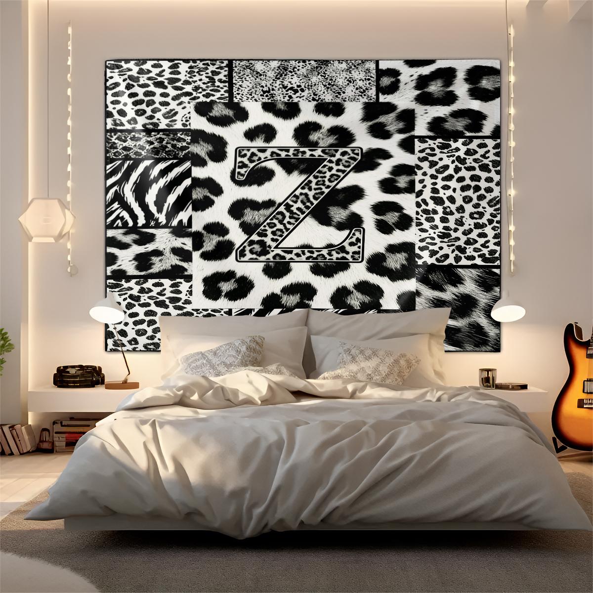 Personalized Initial Wall Tapestry, Retro Leopard Print Patchwork, Easy Care Good Shading, Suitable for Living Room Rental Wall Decor