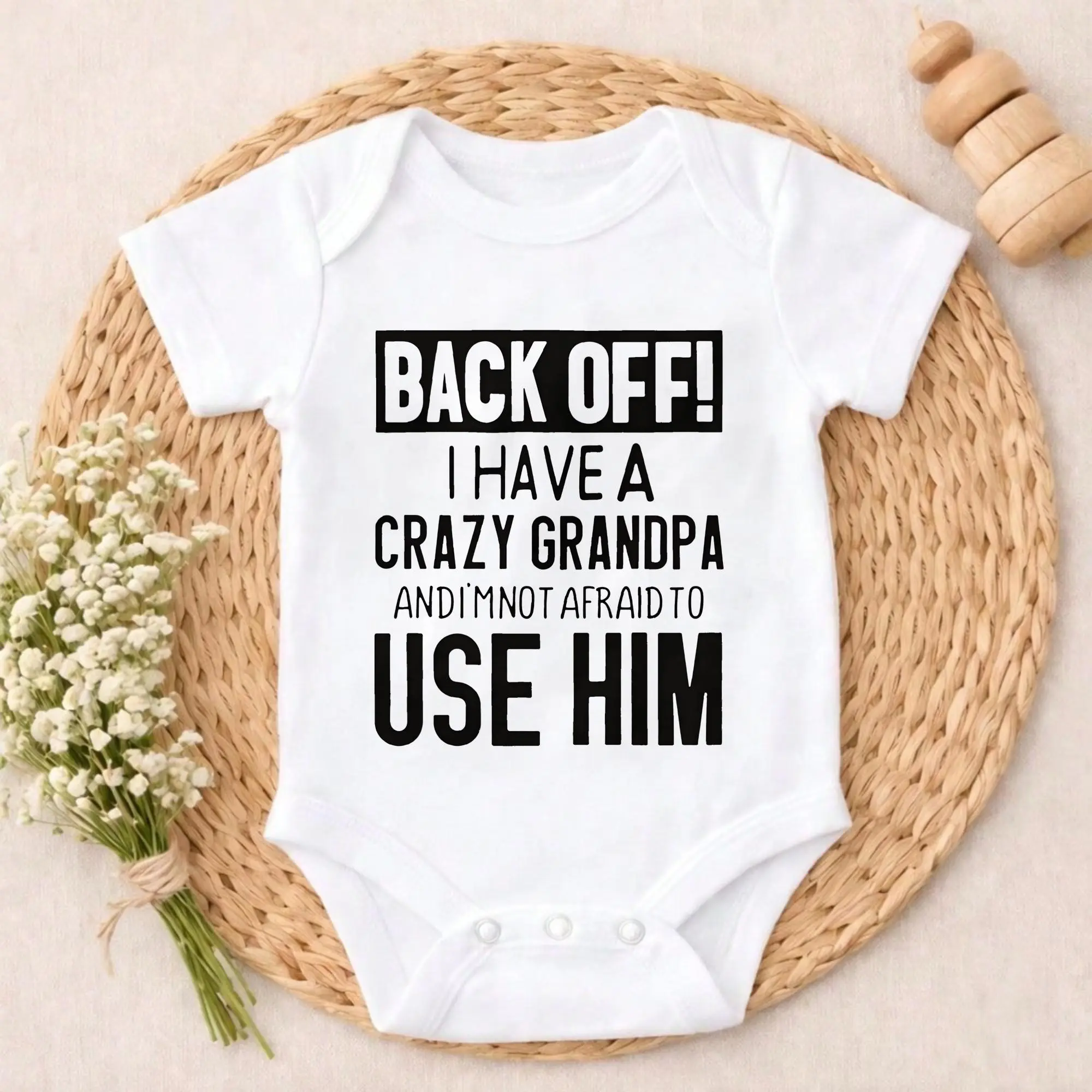 Baby Boys Clothing Onesies - Funny "Back Off I Have A Crazy Grandpa" Print, Cotton, Non-Irritating, Snap Closure, Breathable, Stretchy, Ideal For Gifting & Everyday Wear, Baby Boy Clothes, Bodysuit, Newborn, Adjustable, 3-Snap Adjustable Sizing