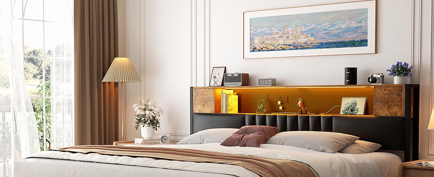 Unikito King Size Smart Bed Frame with LED Lights & Power Outlet, Luxury Leather Headboard, Storage Cabinet, Sturdy Metal Slat Support, Modern Platform Bed, Bedroom Furniture, Big Luxury Bed