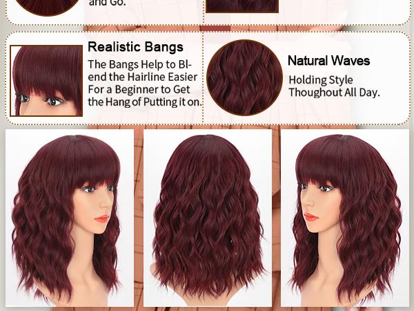 [ AISI HAIR ] Curly Bob Wig with Bangs Short Wavy Wine Red Color Wigs for Women Bob Style Synthetic Heat Resistant Bob Wigs