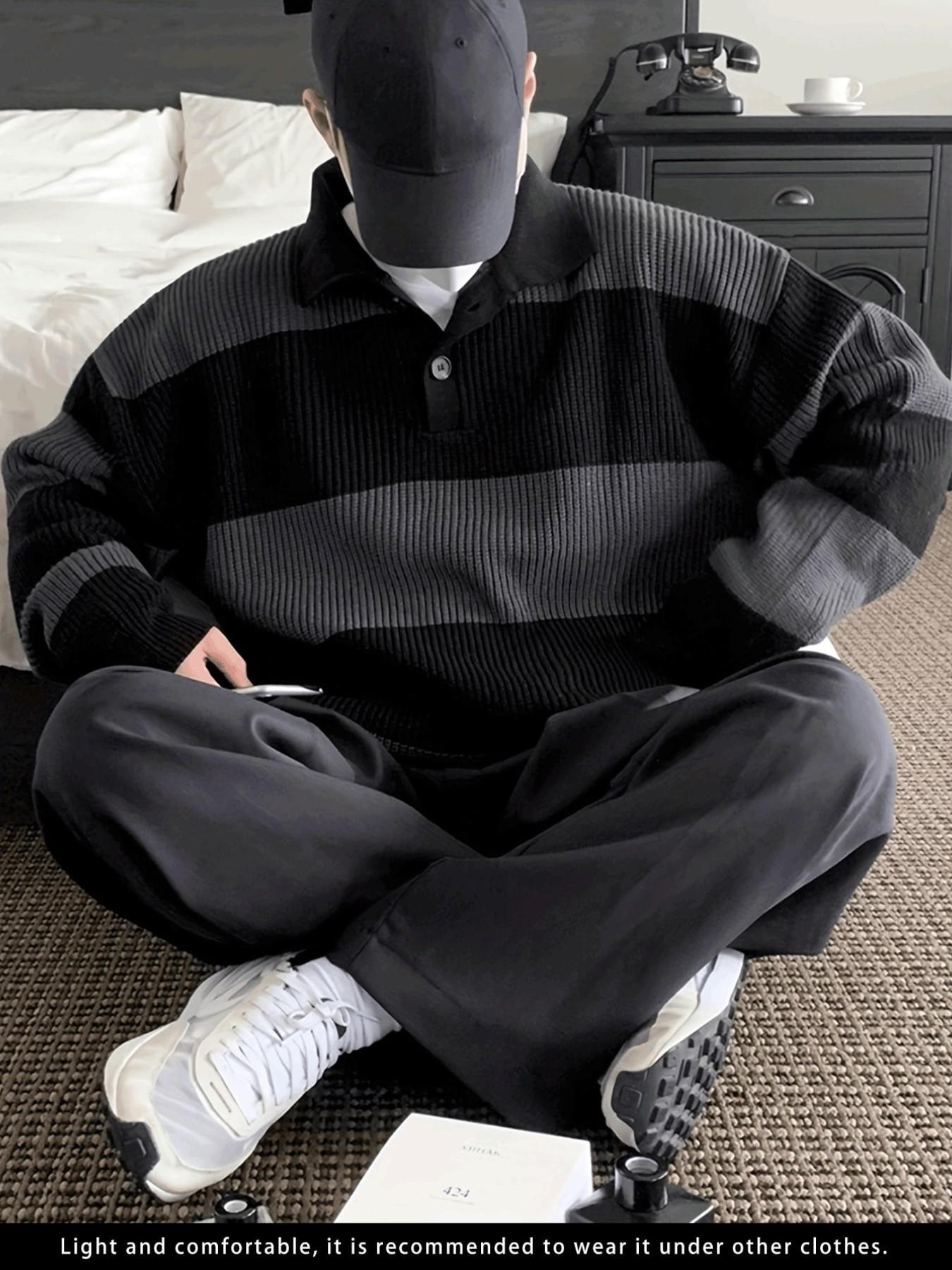 Men's Striped Lapel Half-Open Knit Polo Shirt, High-End Colorblock Sweater, Knitwear, American Vintage Style, Loose Fit, All Seasons, Casual