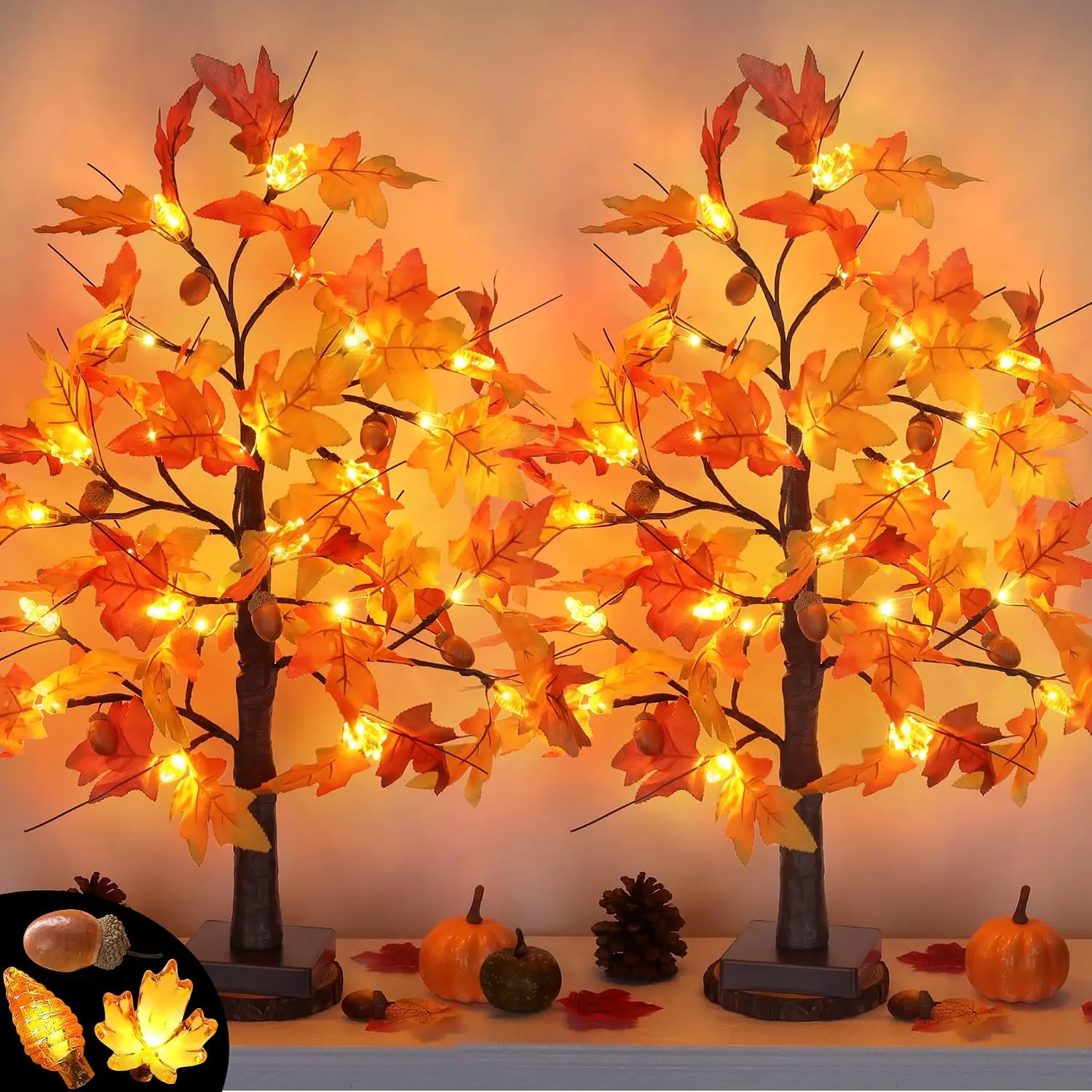 2 Pack 24 Inch Fall Maple Tree Fall Thanksgiving Decorations with Lights Lighted Artificial Tree with Pumpkin Acorn Maple Thanksgiving Table Decoration Centerpieces Indoor Friendsgiving Decor for Home