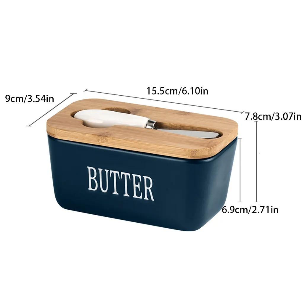 Ceramic Butter Dish with Knife, Rectangular Cheese Container with Wooden Lid, Ceramic Butter Box for Kitchen Use